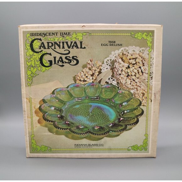 Vintage Indiana Glass Lime Carnival Glass Egg Plate 7058 w/ Original Box